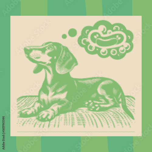  Dachshund dog on bed green color dot halftone digital art vector canvas stamp decor template
