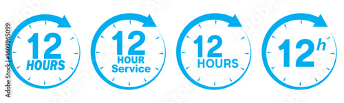 Blue 12 hours service icon set. Blue 12 hours service duration sign. Twelve hour delivery clock icon graphic. 12 hours clock arrow icons,12 hr delivery time symbols. Shipping delivery symbol. 