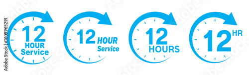 12 hours service icon vector set. Blue 12h duration sign. Blue 12 hours clock arrow icons,12 hr =delivery time symbols. Blue 12hr support sign collection. 12 hours icon vector set. 12hr servic icon