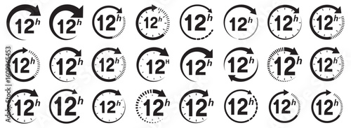 12 hours service icon vector set. 12h duration sign. 12 hours clock arrow icons, work and delivery time symbols.  12hr support sign collection. 12 hours icon vector set.