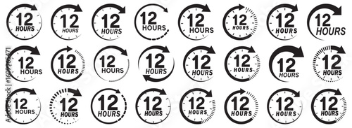 12 hours service icon vector set. 12h duration sign. 12 hours clock arrow icons, work and delivery time symbols.  12hr support sign collection. 12 hours icon vector set.