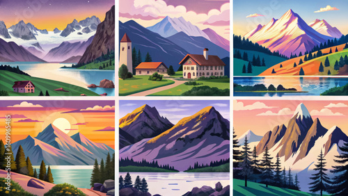set of swiss alps mountains in the summer at sunset time, cartoon design Flat style illustration vector banner, peaks landscape	