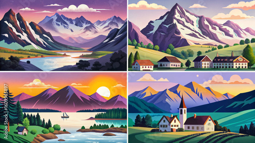 set of swiss alps mountains in the summer at sunset time, cartoon design Flat style illustration vector banner, peaks landscape	