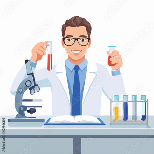 Smiling Scientist Holding Test Tubes with Laboratory Equipment
