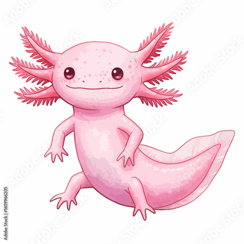 Cute Pink Cartoon Axolotl Smiling Adorable Amphibian Aquatic Pet Illustration