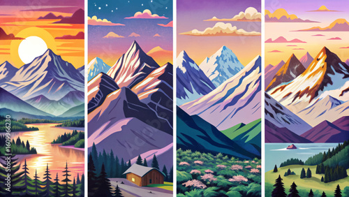 set of swiss alps mountains in the summer at sunset time, cartoon design Flat style illustration vector banner, peaks landscape	