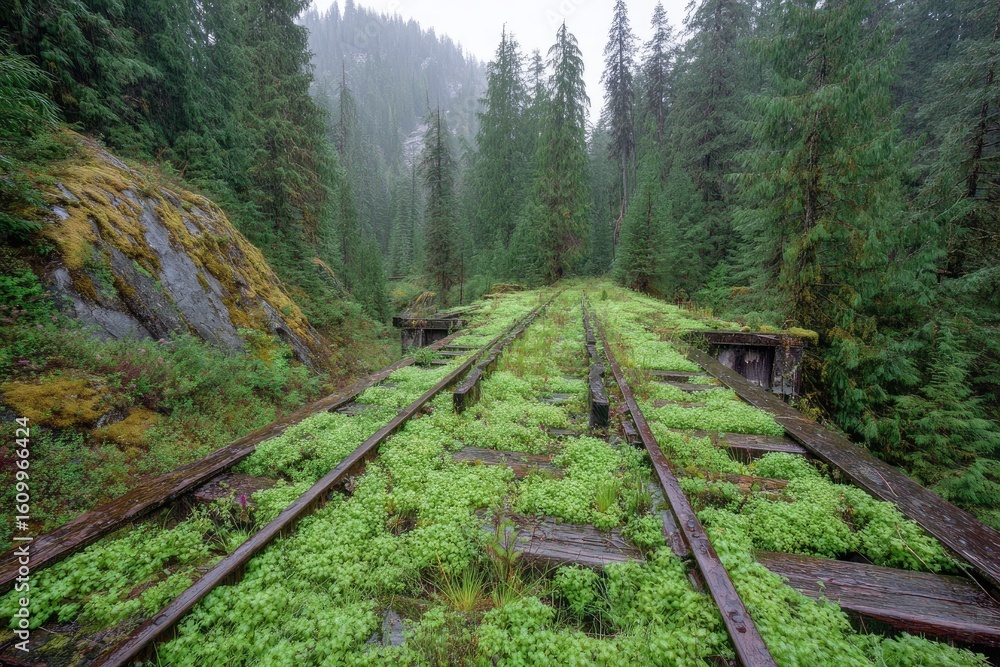 Fototapeta premium Decaying railway tracks overgrown with lush greenery, shrouded in misty forest