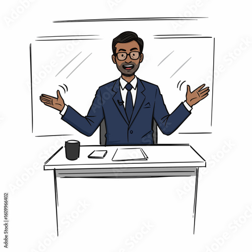 Male news anchor presenting from the desk in a studio setting  