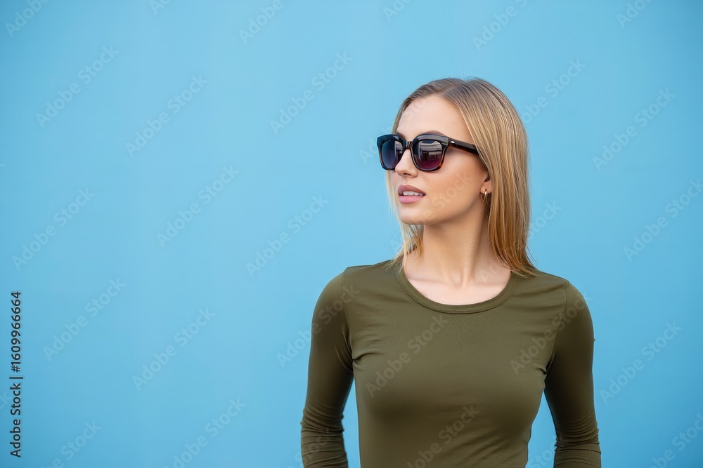 Stylish Woman in Sunglasses Looking Away on Blue Background
