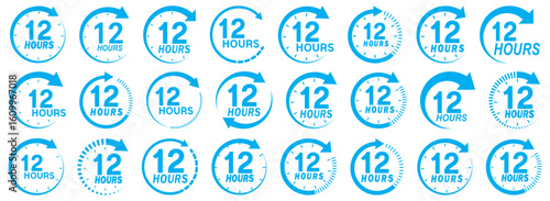 12 hours service icon vector set. 12 hours service duration sign. Vector Set of Hour Labels. 12 hours clock arrow icons, work and delivery time symbols. Blue 12 hours service icon set. Blue 12 hours 