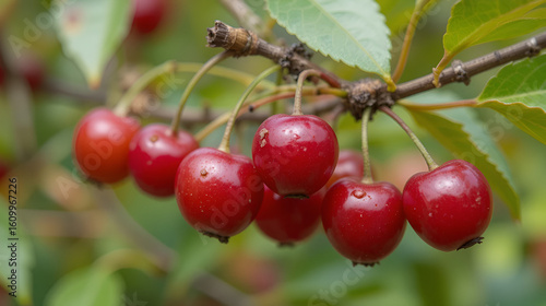 Cherry or sour cherry twig with sweet appetizing red fruits in the garden, Sofia, Bulgaria