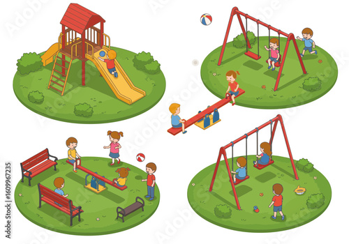 Isometric illustration depicting children playing on various playground equipment including a slide, swings, and seesaws, set on green grassy areas.
