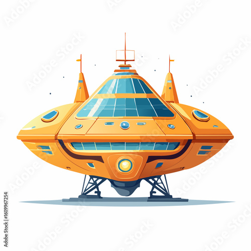 Futuristic Orange and White Flying Saucer with Windows and Landing Gear