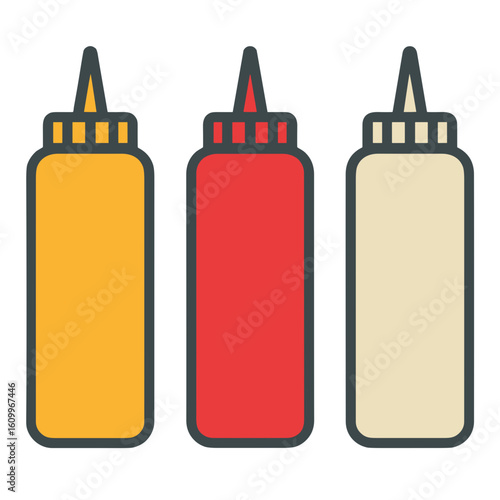 Vector illustration of mustard, ketchup and mayonnaise bottles in flat outline style on white background