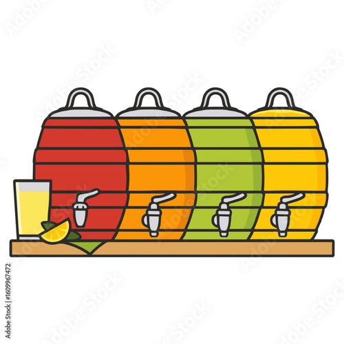 Vector illustration of colorful beverage dispensers with lemon drink, flat summer refreshment concept on white background