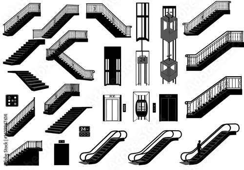 An array of black and white vector illustrations depicting various staircases, elevators, and escalators from different angles and perspectives.
