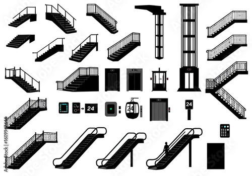 A collection of black and white vector graphics depicting various stairs, escalators, elevators, and related elements like buttons and signage.
