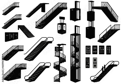A collection of silhouette illustrations depicting various types of staircases, escalators, and elevators in different designs and styles.