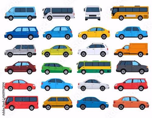 Collection of Various Colorful Car and Vehicle Icons Isolated on White Background