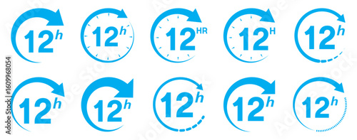 12 hours service icon vector set. 12 hours service duration sign. Vector Set of Hour Labels. 12 hours clock arrow icons, work and delivery time symbols. Blue 12 hours service icon set. Blue 12 hours 