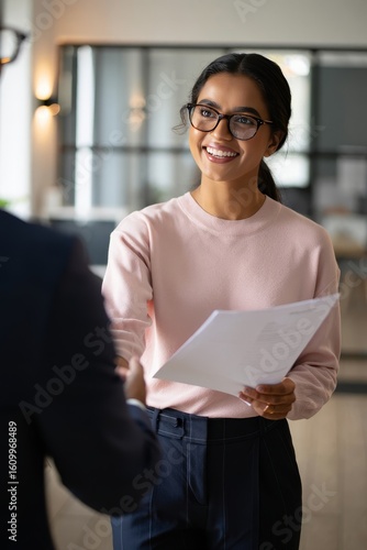 Business woman shaking hands during job interview holding resume and smiling happy face