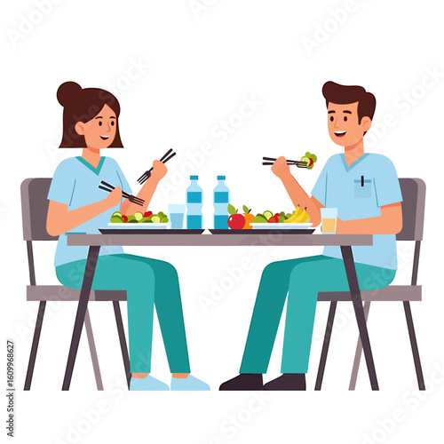 Healthcare staff on a lunch break. Two smiling colleagues in medical uniforms eating a healthy salad with chopsticks.