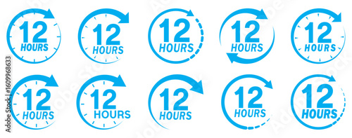 12 hours service icon vector set. 12 hours service duration sign. Vector Set of Hour Labels. 12 hours clock arrow icons, work and delivery time symbols. Blue 12 hours service icon set. Blue 12 hours 