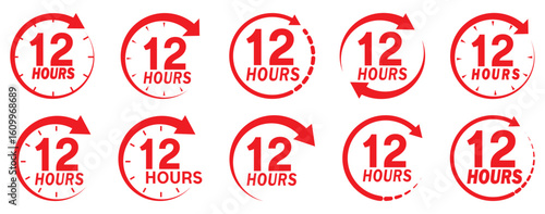 12 hours service icon vector set. Red 12h duration sign. Red 12 hours clock arrow icons, work and delivery time symbols. Red 12hr support sign collection. 12 hours icon vector set.