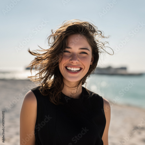 Joyful Woman Laughing on Sunny Beach – Wind-Blown Hair, Black Outfit, Natural Light 8K Portrait