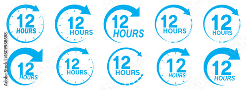 12 hours service icon vector set. 12 hours service duration sign. Vector Set of Hour Labels. 12 hours clock arrow icons, work and delivery time symbols. Blue 12 hours service icon set. Blue 12 hours 