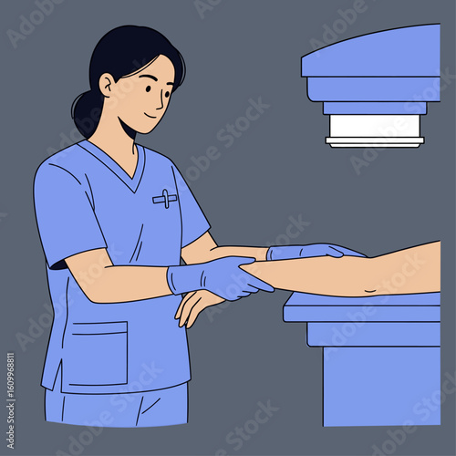 Female radiologic technologist in scrubs preparing a patient's arm for a diagnostic X-ray scan in a medical clinic
