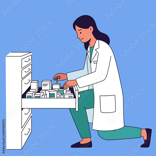 Pharmacist or doctor organizing medications in a storage cabinet drawer. Healthcare professional managing pharmaceutical inventory in a clinic.