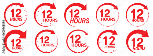 12 hours service icon vector set. Red 12h duration sign. Red 12 hours clock arrow icons, work and delivery time symbols. Red 12hr support sign collection. 12 hours icon vector set.