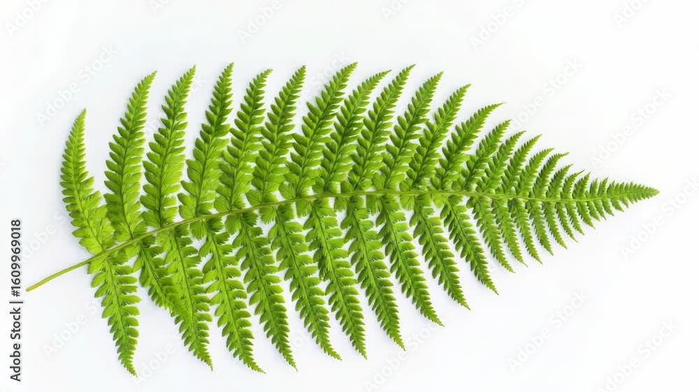 A single green fern leaf placed on a clean white surface