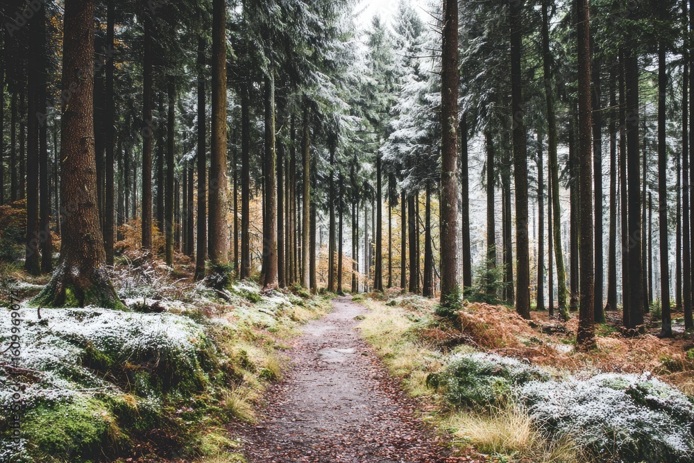 Fototapeta premium A path winds through a frosty forest. Fallen leaves, frosted ground, tall trees