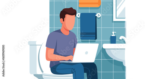Man working on laptop in bathroom, perfect for articles on work-life balance or remote work challenges.