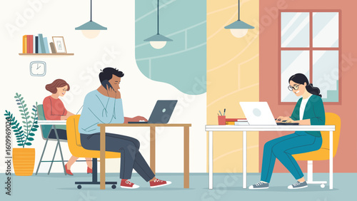 Modern co-working space illustration, perfect for website banners, brochures, or landing pages.