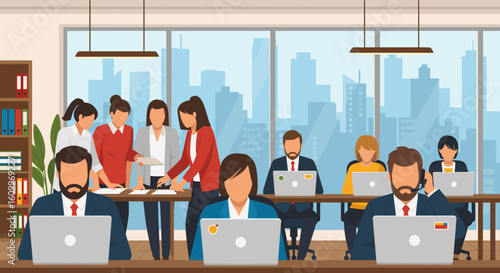 Diverse team of business professionals working collaboratively in a modern office, perfect for website banners or presentations.