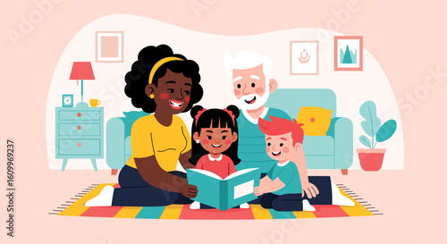 Happy multigenerational family reading a book together at home. Perfect for family, education, and children's book websites.