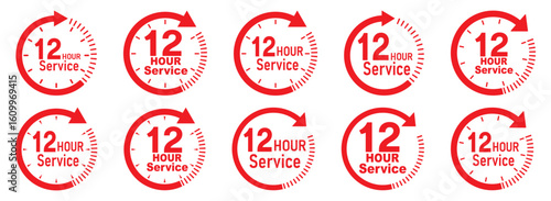 12 hours service icon vector set. Red 12h duration sign. Red 12 hours clock arrow icons, work and delivery time symbols. Red 12hr support sign collection. 12 hours icon vector set.