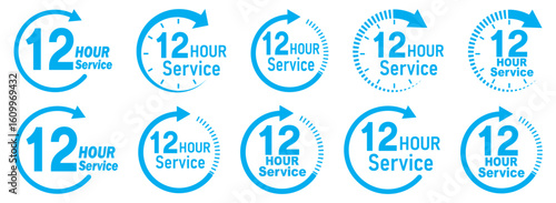 Blue 12 hours service icon set. Blue 12 hours service duration sign. Twelve hour delivery clock icon graphic. 12 hours clock arrow icons,12 hr delivery time symbols. Shipping delivery symbol. 