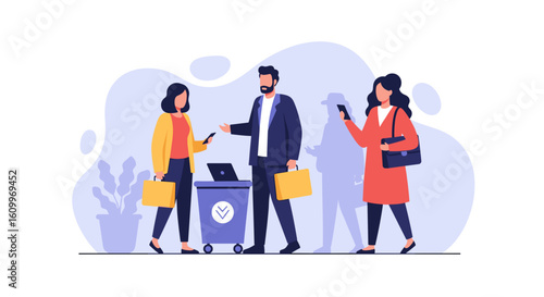 Modern illustration of people recycling, perfect for corporate social responsibility campaigns.