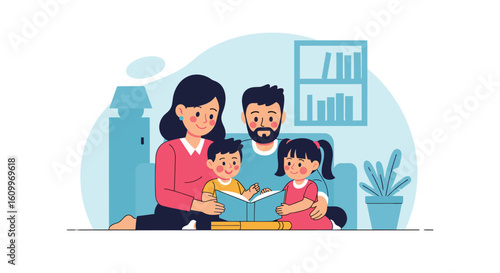 Happy family reading a book together at home - perfect for family blogs, websites, and children's book illustrations.