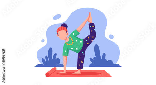 Yoga illustration: Person doing Natarajasana pose, perfect for wellness websites, yoga studios, or fitness blogs.