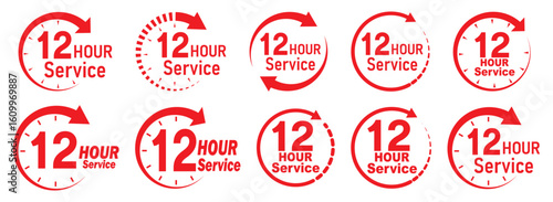 12 hours service icon vector set. Red 12h duration sign. Red 12 hours clock arrow icons, work and delivery time symbols. Red 12hr support sign collection. 12 hours icon vector set.