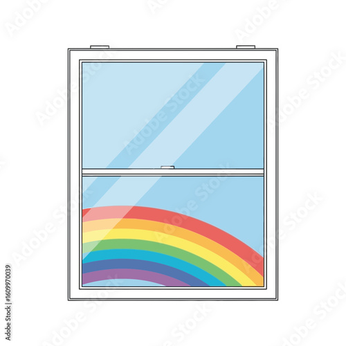 Window with blue sky and rainbow reflection illustration against a white background.