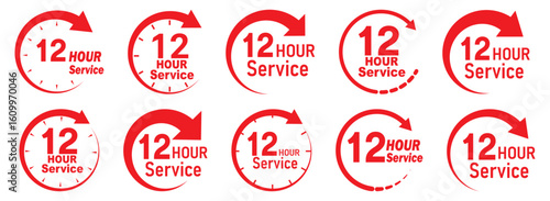 12 hours service icon vector set. Red 12h duration sign. Red 12 hours clock arrow icons, work and delivery time symbols. Red 12hr support sign collection. 12 hours icon vector set.