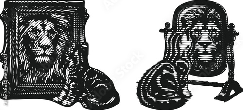  Monochrome cat seeing lion in mirror reflection lined photocopy effect engraving bundle art