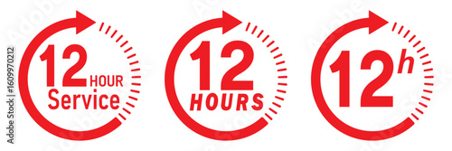 12 hours service icon vector set. Red 12h duration sign. Red 12 hours clock arrow icons, work and delivery time symbols. Red 12hr support sign collection. 12 hours icon vector set.