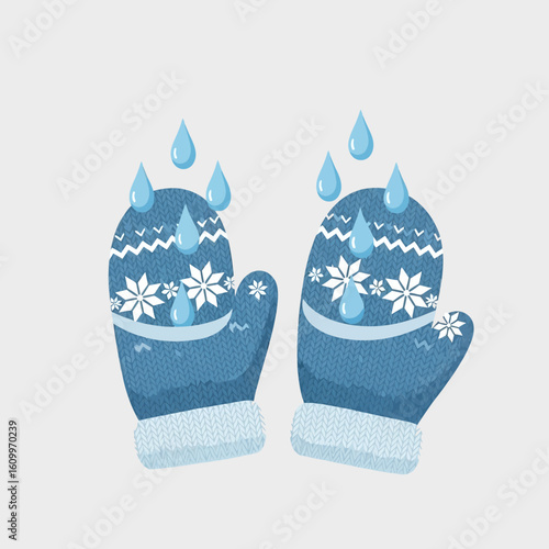 Two blue mittens with snowflake patterns and water droplets on a light background.